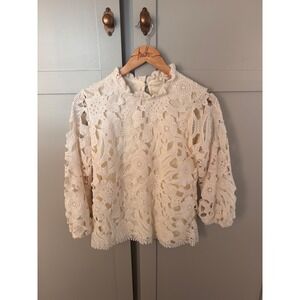 52seven Cream Floral Guipure Lace Ruffle Neck Puff Sleeve Blouse Small